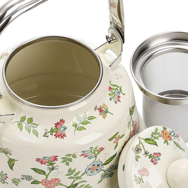 Enamel Water Kettle Coffee Pot Versatile 1.7L with Strainer with Lid Floral