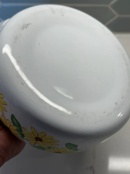 Vintage Yellow Enamel Teapot Wooden Handle Daisy Flowers MCM Retro Metal