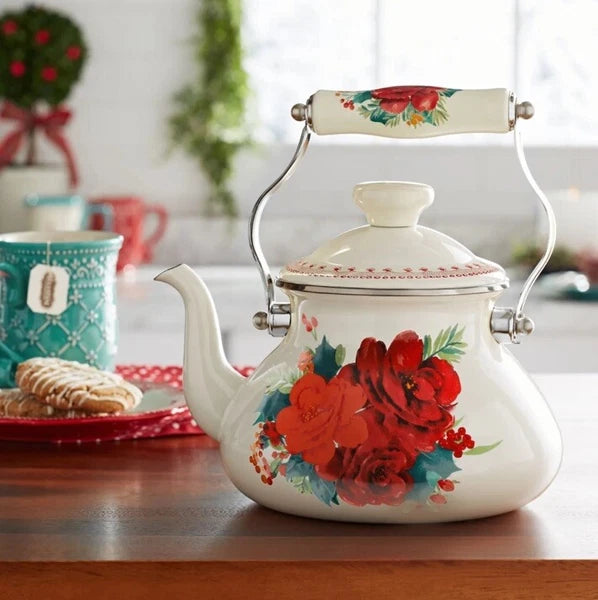 Pioneer Woman 1.9 Quart Tea Kettle Enamel on Steel Cheerful Rose Floral Design-2