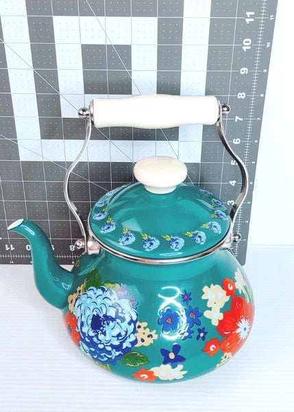 Pioneer Woman Enamel on Steel Dazzling Dahlias Tea Kettle, Excellent Gently Used