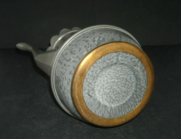 Early (1890 - 1905) Pewter-Trimmed Grey Graniteware Teapot - Enamel Ware