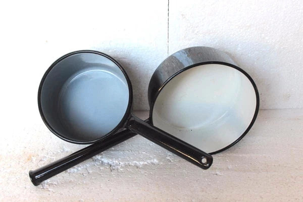 2 Pc Enamel Tea Pot Old Vintage with Handle Kitchenware Collectible