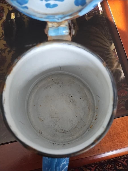 Vintage French Blue Splatterware Enamel Pitcher Perfectly Primitive Coffee...