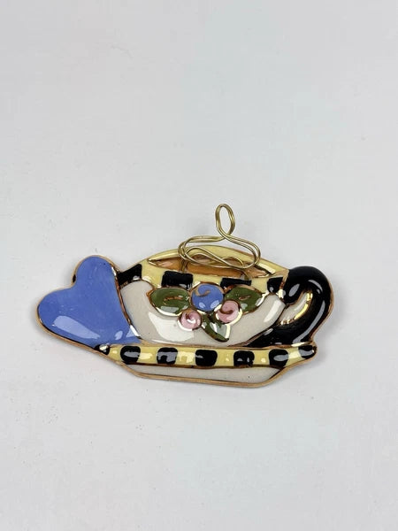 Vintage Ceramic Floral Teapot  Costume Jewelry Brooch Pin Enamel 2.75” x 1.75”