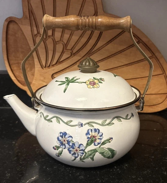 White Enamel Tea Kettle With Floral Design With Wooden Handle Farm Cottagecore