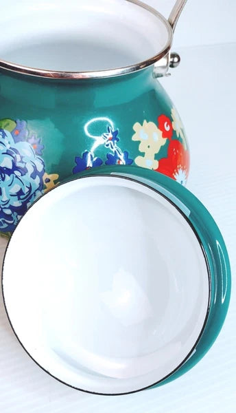 Pioneer Woman Enamel on Steel Dazzling Dahlias Tea Kettle, Excellent Gently Used