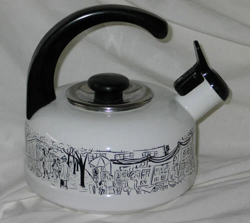 Vintage Mikasa Enamelware w Whistle Parisian Scenes Tea Kettle Paris Images EUC!