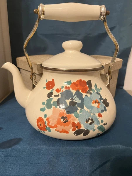 RARE Enamel Floral Tea Kettle - White W Orange & Teal Flowers - Pretty For Fall
