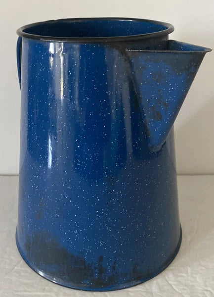 Enamelware Coffee Pot Blue White Speckled With Handle And Spout 8” Tall X 8”