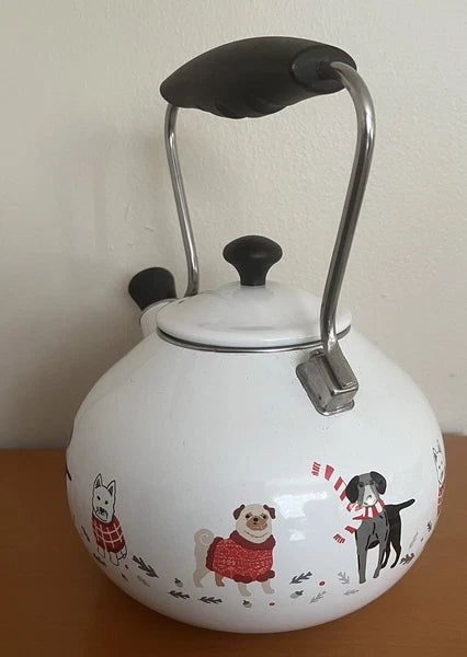 Martha Stewart  Enamel on Steel 2 Quart Christmas Tea Kettle Teapot Dogs As Is