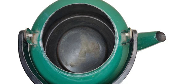Vintage Teal Green Enamel Tea Kettle with Black Plastic Handle