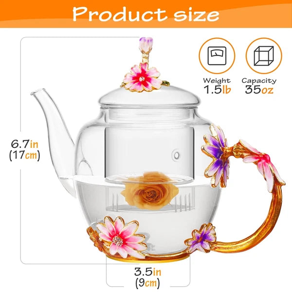 35OZ Enamel Glass Flower Teapot With Removable Loose Tea Leaf Infuser Tea Mak...