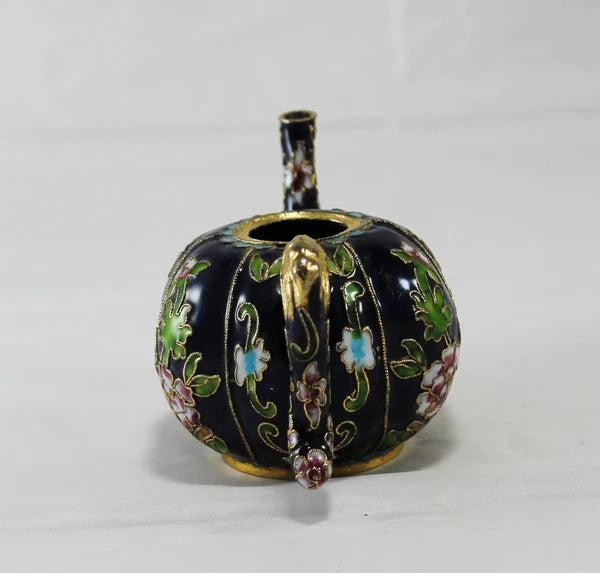 Miniature Cobal Blue Enamel Gilded Cloisonne Colorful Floral Teapot no Lid Cute
