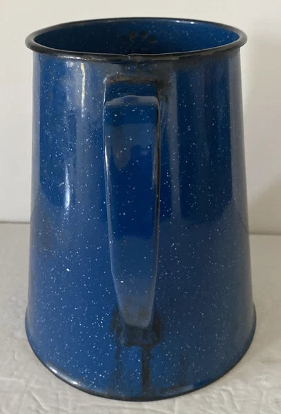 Enamelware Coffee Pot Blue White Speckled With Handle And Spout 8” Tall X 8”