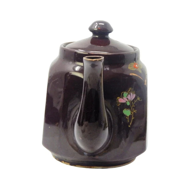 Vintage Japanese Large Teapot Moriage Terracotta Brown Glaze Floral Hexagon