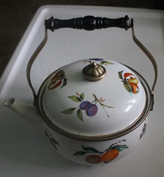 Dar Collection Tea Pot white with fruit and berry pictures on it.