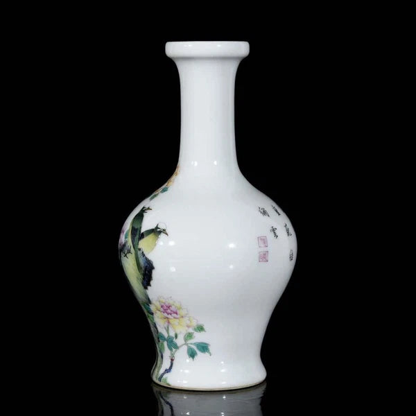 Yongzheng Signed Old Chinese Colour Enamel Vase W/bird N3274