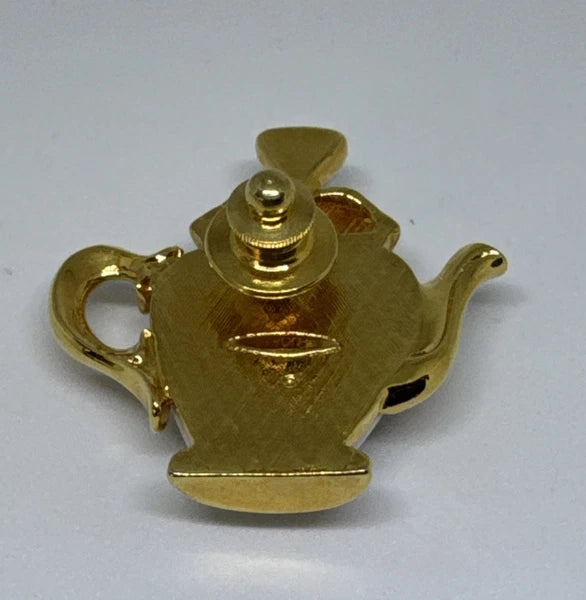 Vtg AVON Teapot Brooch Pin Blue White Gold Enamel New In Box 1.5”