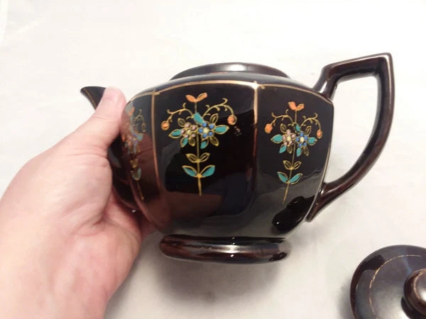 Japan Vintage Black Glazed Tea Pot Hand-painted Design Flowers Gold Trim Hexagon