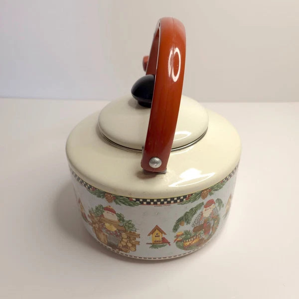 Debbie Mumm Woodland Santa Whistling Tea Kettle 2.5 Qt Porcelain Enamel 1999