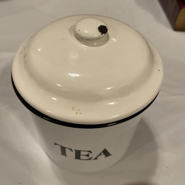 White with black Trim Enamel Ware TEA Canister, Farm House Style