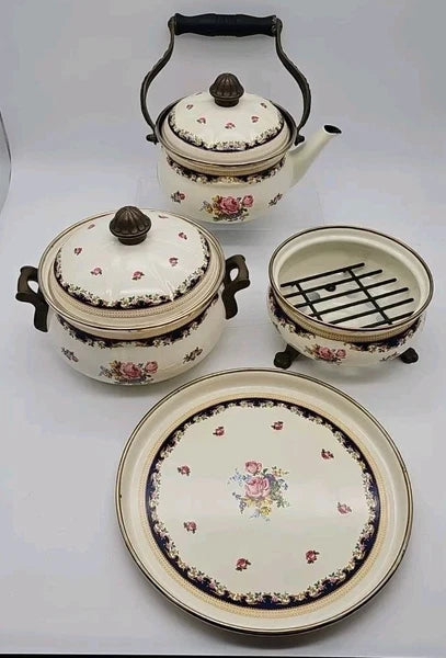 VTG 1960's Asta Fissler Enamelware 7 Piece Set Lidded Terrine Kettle Warmer Tray
