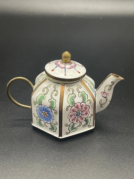 Chinemel B. Yee Enamel On Copper Miniature White Teapot W/Floral