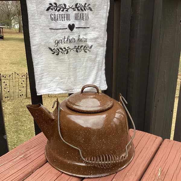 Vintage BROWN SPECKLED ENAMEL TEA KETTLE ~ Wire Spring Handle~ 96 ounce