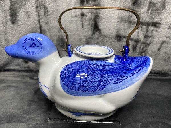 Vintage Duck Teapot, Tea Bag Holder Lid Blue White Floral Porcelain Metal Handle