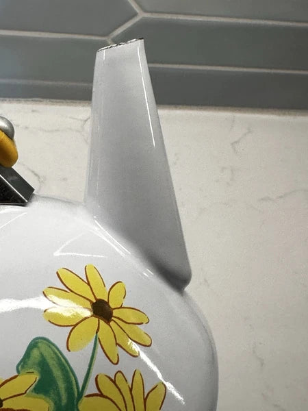 Vintage Yellow Enamel Teapot Wooden Handle Daisy Flowers MCM Retro Metal