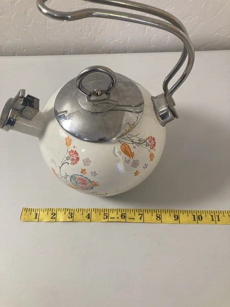World Market White Orange Floral Pattern Oven Safe Tea Pot Kettle
