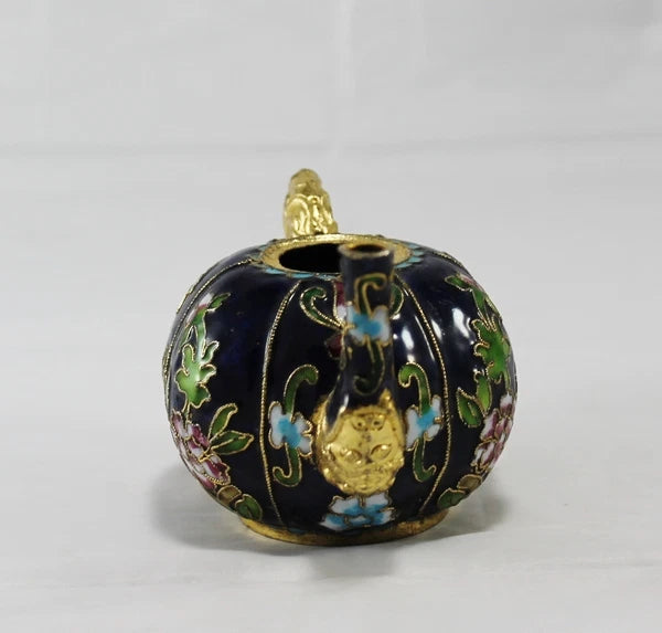 Miniature Cobal Blue Enamel Gilded Cloisonne Colorful Floral Teapot no Lid Cute
