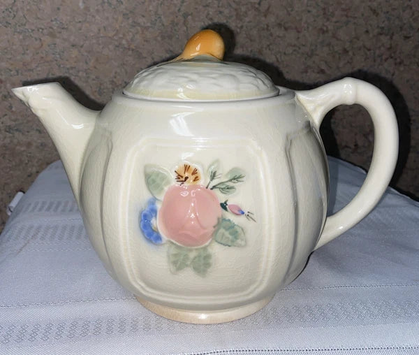 Vintage Porcelier Vitreous Tea Pot Pink Rose Pear On  Lid - 1930-1940's
