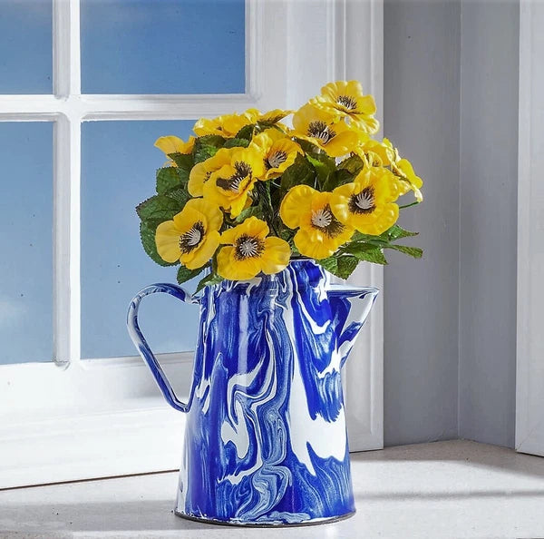 Vintage-style Blue Marbled Enamel Coffeepot Floral Display Pot Camping Kitchen