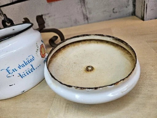 Vintage Enamel Folk Art Tea Pot With Cast Iron Stand