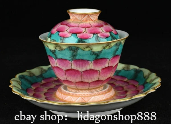 6.2" Old Chinese Qianlong Enamel Porcelain Lotus Flower Lid Tea Plate Tray