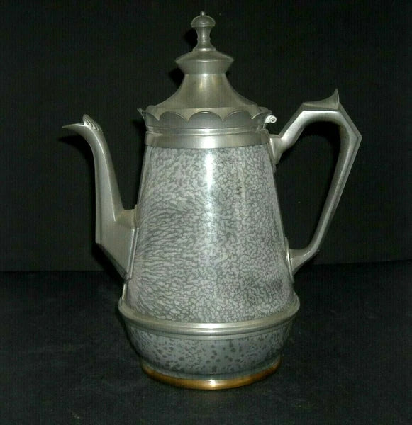 Early (1890 - 1905) Pewter-Trimmed Grey Graniteware Teapot - Enamel Ware