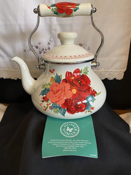 NEW The Pioneer Women Teapot Rose Enamel On Steel 1.9 Quarts Tea Kettle