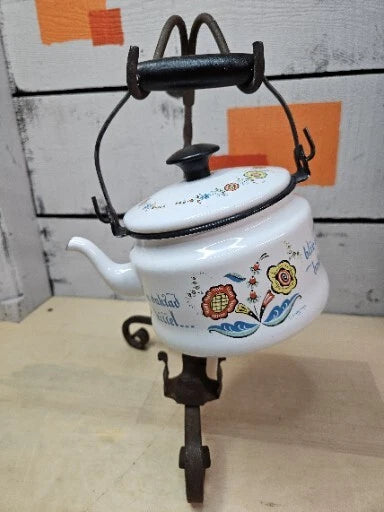 Vintage Enamel Folk Art Tea Pot With Cast Iron Stand