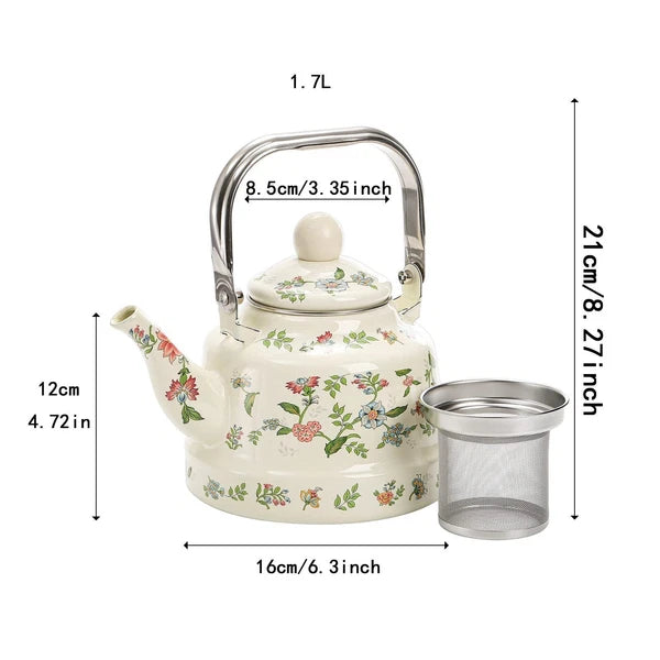 Enamel Water Kettle Coffee Pot Versatile 1.7L with Strainer with Lid Floral