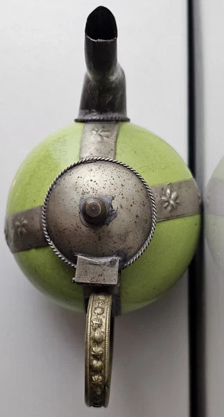 Vintage Moroccan Green Ceramic Ornate Metal Overlay Decorative Small Teapot VTG