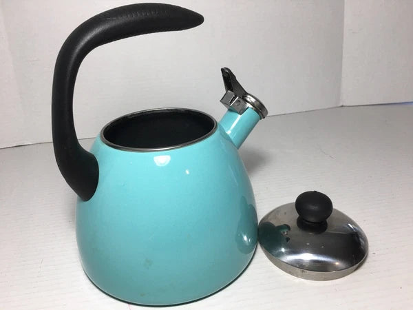 Turquoise Blue Farberware Whistling Enamel Tea Kettle 10 Cup Aqua Blue