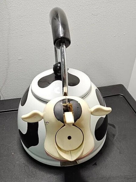 Vintage M Kamenstein Cow Tea Kettle With Bell Enamel Whistling Teapot