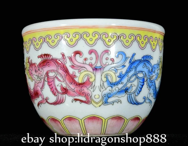 3.7" Qianlong Marked Enamel Porcelain Dragon Beast Pattern Wine Tea Cup Pair