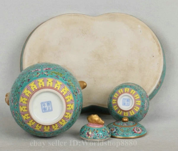 8.5" Yongzheng Marked Enamel Porcelain Gilt Flower Pattern Tea Pot Cup Plate Set