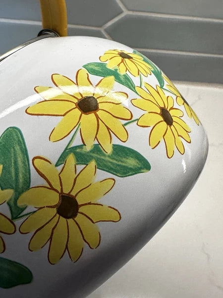 Vintage Yellow Enamel Teapot Wooden Handle Daisy Flowers MCM Retro Metal