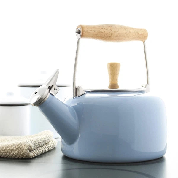 SVEN Enamel on Steel Whistling Teakettle with Natural Wood handle, 1.4 quarts...