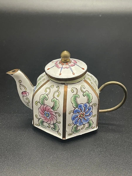 Chinemel B. Yee Enamel On Copper Miniature White Teapot W/Floral