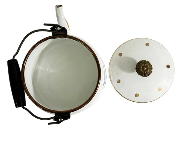 GEORGES BRIARD Tea Kettle Enamelware Fruit Vegetables Gold Accents Mid Century