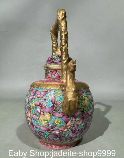 8.6" Yongzheng Dynasty Enamel Colour Porcelain Gilt Flower Phoenix Kettle Pot